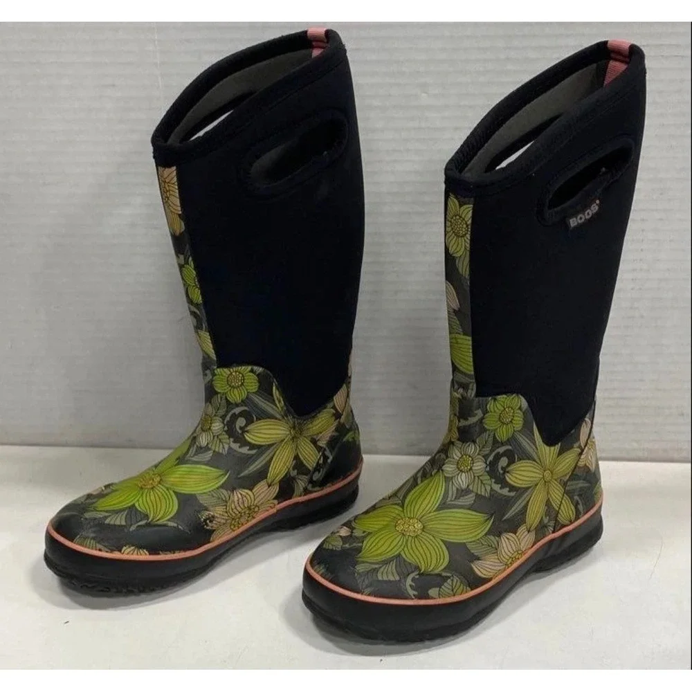 Bogs Classic High Stargazer Floral‎ Waterproof Rain garden Boots Black Green 6